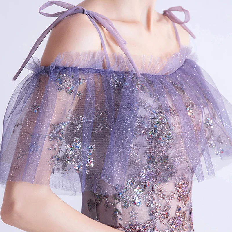 

Evening Dresses Illusion Off The Shoulder Spaghetti Straps Sequined Embroidery A-Line Tulle Court Train Women Formal Gown TS752