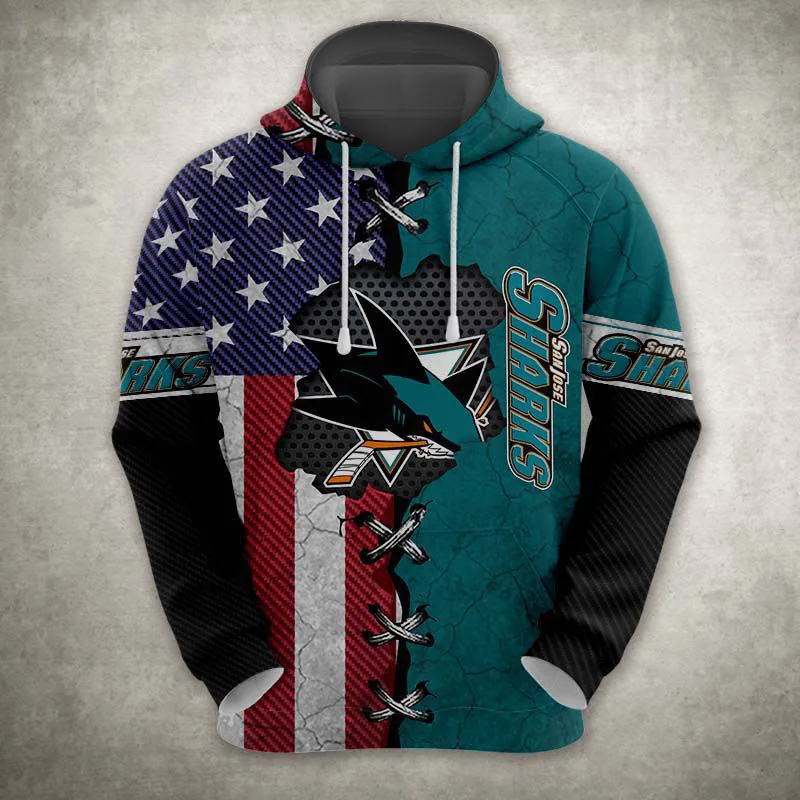 

Black blue stitching striped fish print sweatshirt San Jose men's casual Sharks hoodie 3 orders