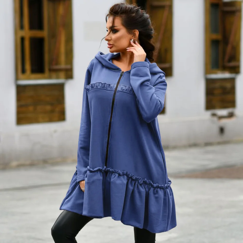 

Autumn Winter Plus Velvet Warm Long Sleeve Suits Dress 2021 Sweatershirt Zipper Cardigan Dress Lace Pleated Hem Midi Dresses