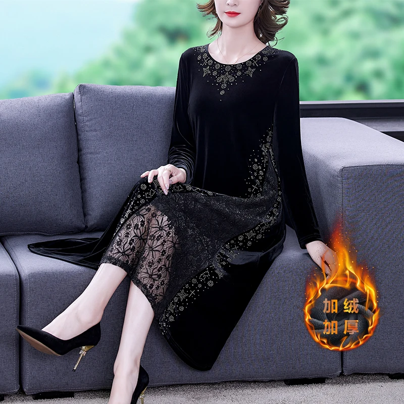 

Women Black Velvet Patchwork Lace Sexy Midi Dress Autumn Winter Korean Vintage Plus Velvet Dress 2022 Elegant Bodycon Party Robe