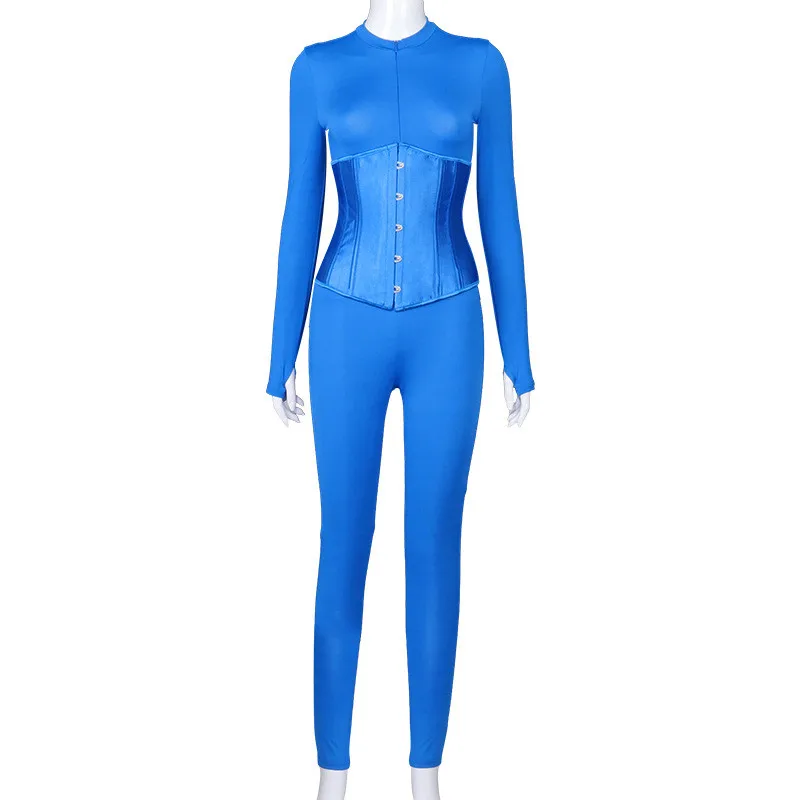 

2020 Long Sleeve Jumpsuit Bandage Corset 2 Pieces Set Autumn Winter Women Sexy Zipper Suit Romper Streetwear