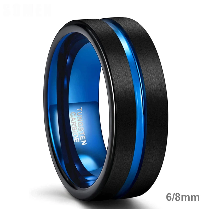 

4mm 6mm 8mm Tungsten Rings for Men Women Blue Center Groove Matte Finish Unisex Wedding Band Couple Ring Comfort Fit