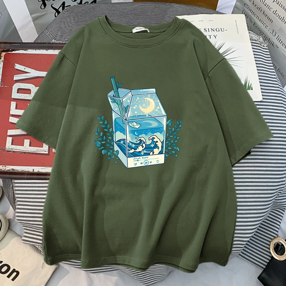 

Milk Box Moonlight Waves Prints Tshirts Women Fashion Oversized Tee Retro Crewneck Tshirt Streetwear Oversized Women'S Tshirt