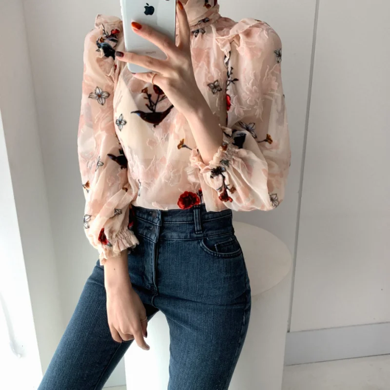 Корейский женский цветочный принт JMPRS Весенняя полупрозрачная женская блузка с