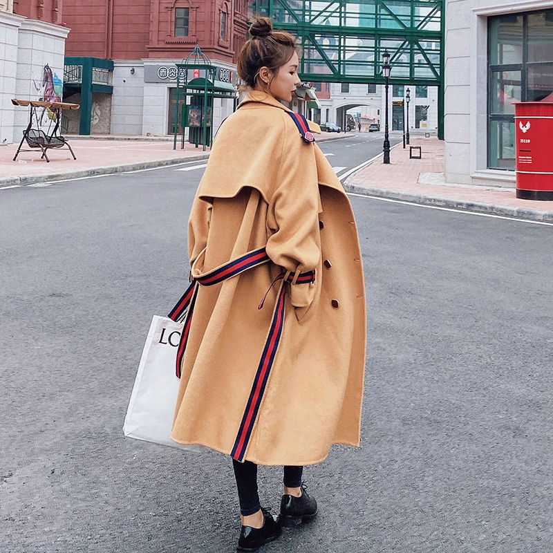 

2020 Winter Wool Blend Women's Jacket Loose Thick Bandage Woolen Long Coat Casual Fashion High Quality Khaki Women's Coats