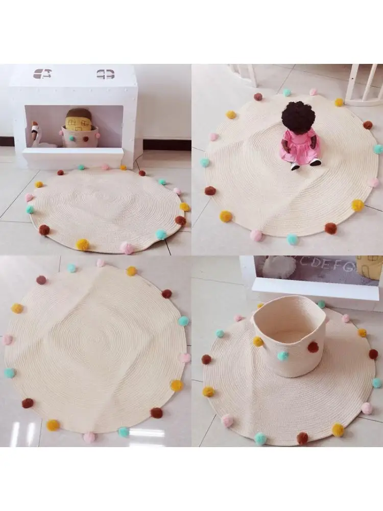 

Newborn Baby Hand Woven Cotton Crawling Pad with Wool Ball Play Game Rugs Round Floor Carpet Mat for Children Interior Room Deco