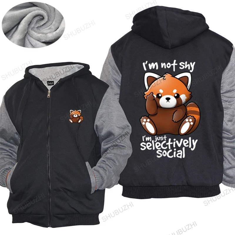 

Men hoodies winter warm coat Kawaii shy red panda selectively social thick hoody men Cute Racoon anti social hooded Fleece hoody