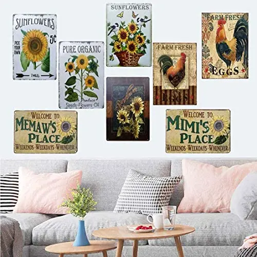 

Sunflowers Butterfly and Birds Retro Vintage Tin Sign Country Home Wall Decor Signs Gifts Decoration 8X12Inch
