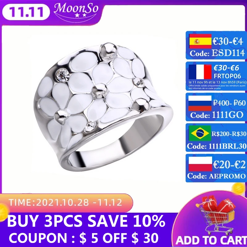 

Elegant Women Ring Enamel White Flower s Wedding Party Crystal Zircon Wide Finger Silver Color Classic Jewelry Gift