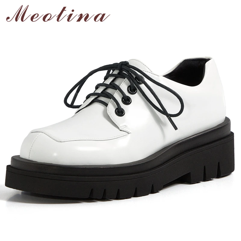 

Meotina Genuine Leather Women Shoes Round Toe Flat Platform Shoes Lace Up Causal Ladies Footwear Autumn Cow Leather White 34-40