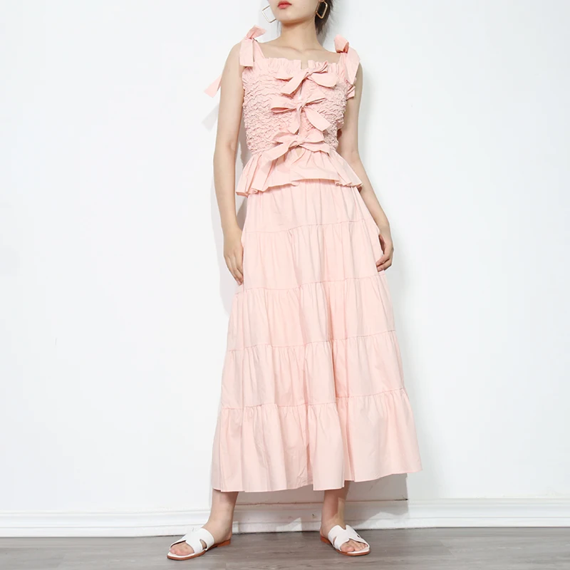 

TWOTWINSTYLE Sexy Patchwork Bow Set For Women Square Collar Sleeveless Tank Tops High Waist Midi Skirts Female Sets Fashion New