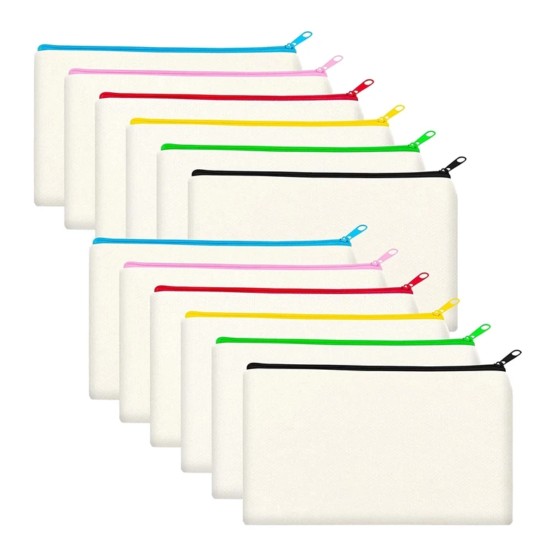

12 Pack Blank Canvas Makeup Bag,Bulk Cosmetic Bags with Multi-Color Zipper,Canvas Zipper Pencil Case Pouch,DIY Craft