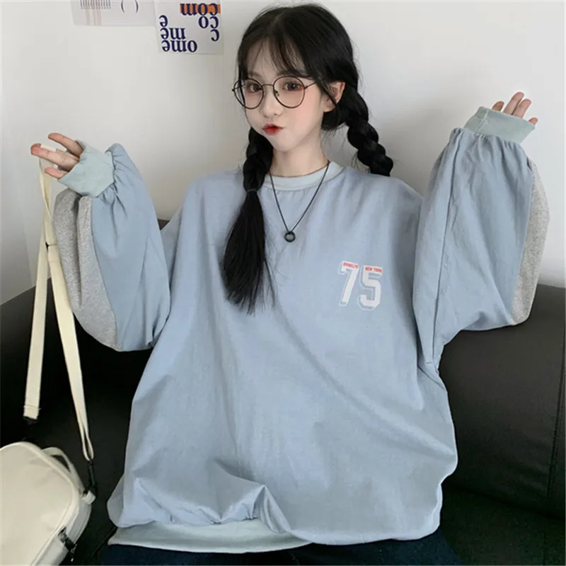 Женская толстовка оверсайз с буквенным принтом пуловер круглым вырезом и