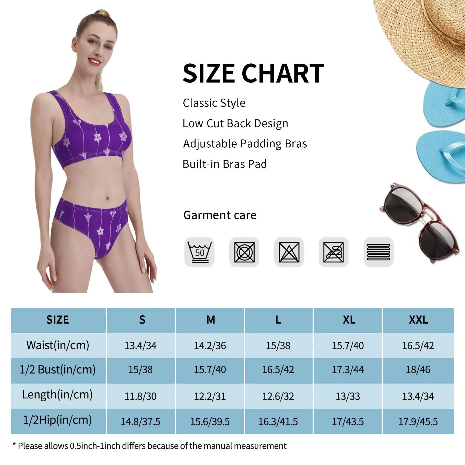 

Vibrant Chocolate Purple White Climbing Flowers Swimsuit one piece Bikini Padded Beautiful Bloom Blossom Botanical