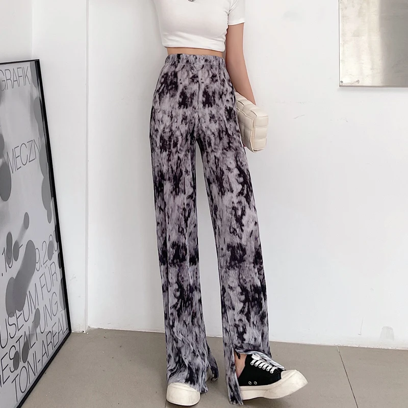 

Women Spring Autumn Loose Hit Color Tie Dye Wide Leg Pants Ladies Brand Split Fashion New Trousers Female High Street Pant ML75