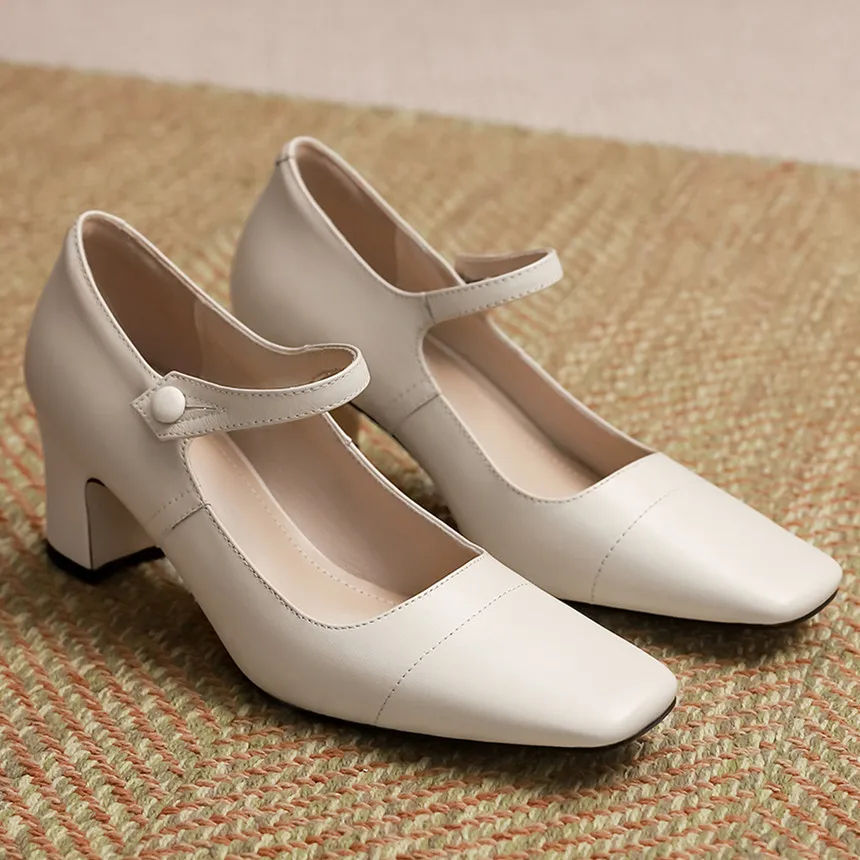 

Women's genuine leather thick med heel slip-on pumps metal buckle square toe elegant ladies mary jane heels single shoes women