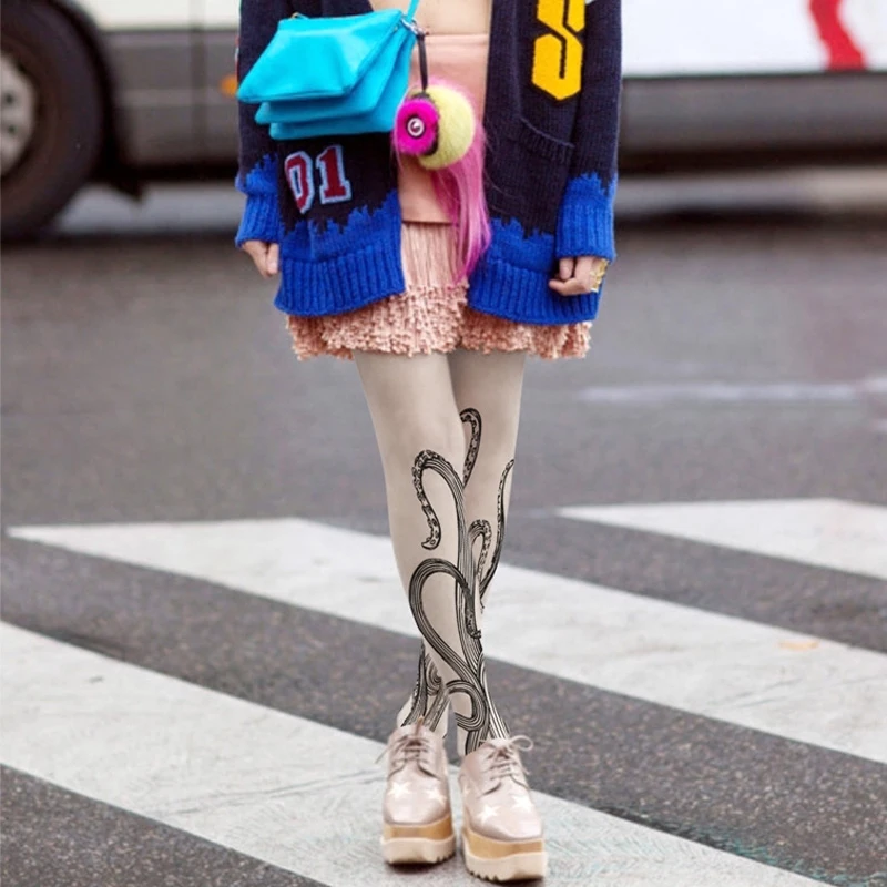 

Crotchless Fishnet Women Tights Pantyhose Energy-saving Personality Printing For Octopus Tentacles Through Meat Velvet Fashion