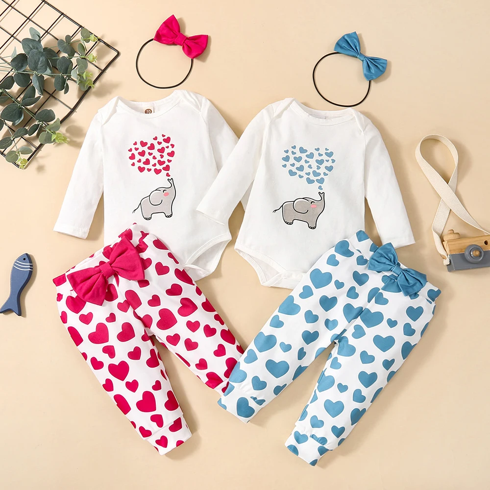 Baby Bodysuits Crew Neck Long Sleeve One-Piece Briefs Climbing Suit Elephant Heart Bow Pants Set for Baby Girls Aged 0-18 Months