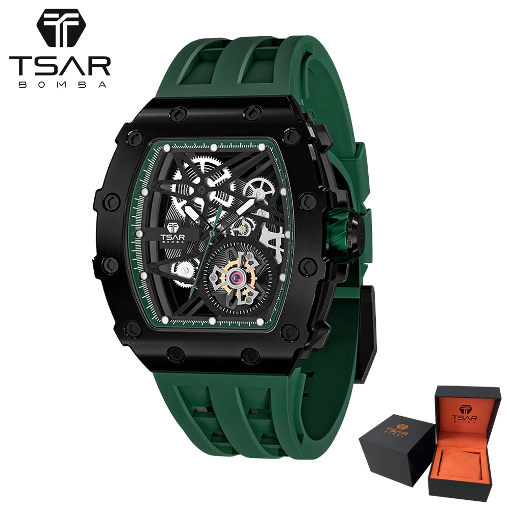 TSAR BOMBA Mens Automatic Mechanical Watch Tonneau Design 316L Stainless Steel 100M Waterproof Luxury Skeleton Sport Wristwatch