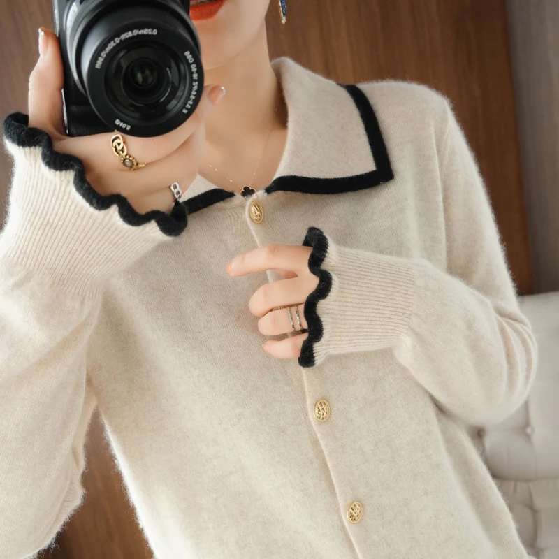 Кардиган женский из чистой шерсти Свободный вязаный свитер с отложным