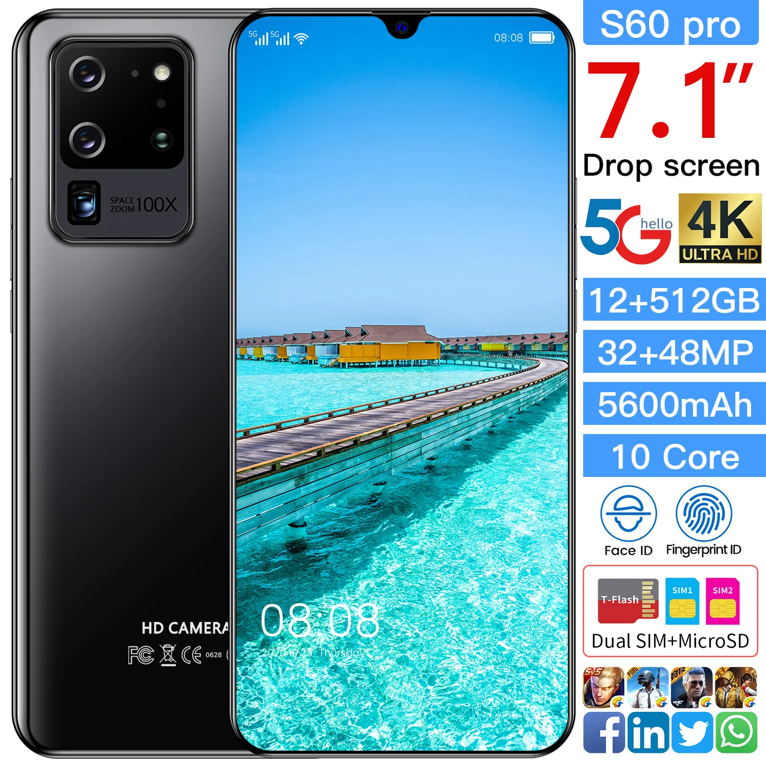 

S60 Pro 7.1 Inch Global Version 32+48MP12GB RAM 512GB ROM Andriod 10 Smartphones 10 Core MTK6889 Dual SIM 4G LTE 5G Cell Phone