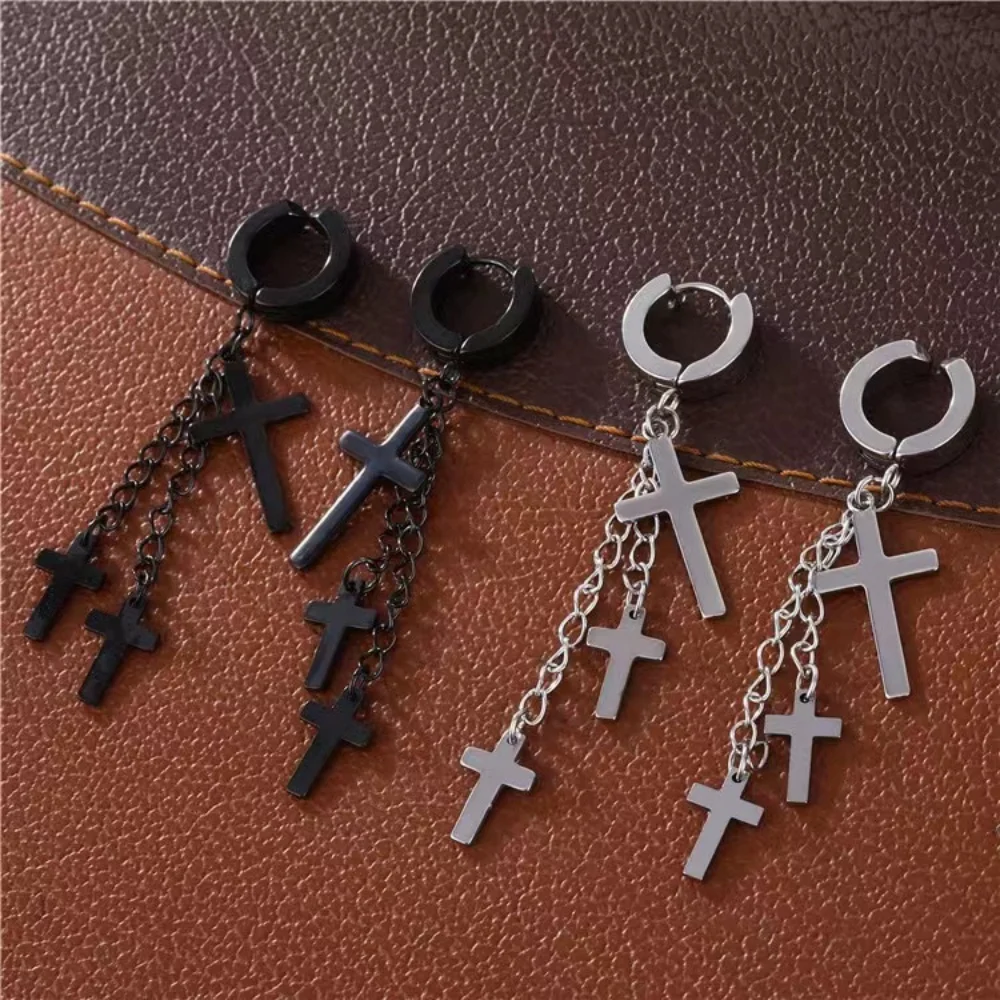 

1Pcs Punk Black Cross Stainless Steel Hoop Earrings For Women Men Fashion Vintage Chain Pendants Hip Hop Jewelry Earrings