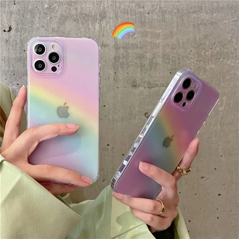 

Colorful Pink Rainbow Transparent Phone Case For iPhone 13 11 12Pro Max XR X XS Max 7 8 Plus Fashion Soft Shockproof Cover