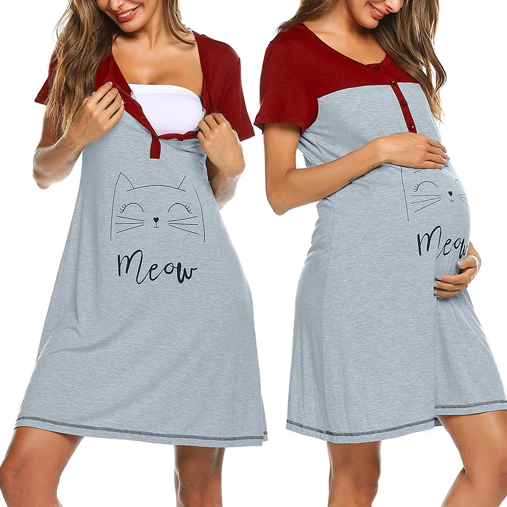 

2020 New Pregnancy Pajamas Women Maternity Short Sleeve Cute Print Nursing Nightdress Breastfeeding Dress pyjama de grossesse