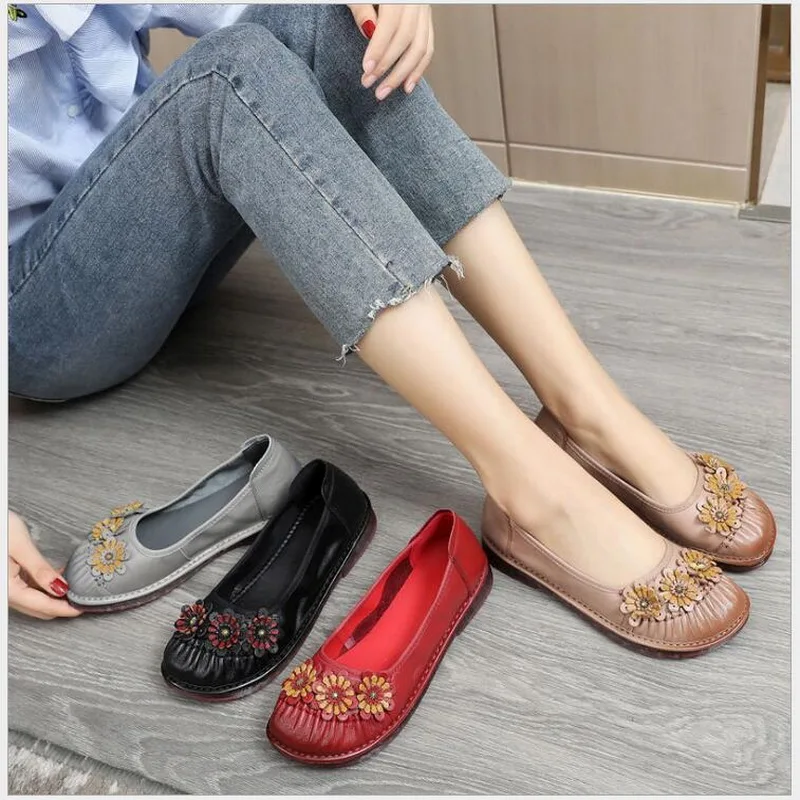 RUSHIMAN Women Flats Genuine Leather Shoes Round Toe Ladies Loafers Female Shoes Comfortable Casual Shoes