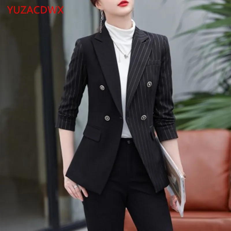 High-quality S-5XL Trousers Women's Black And White Striped Suit Double-Breasted Suit Jacket And Work Pants 2-Piece Set