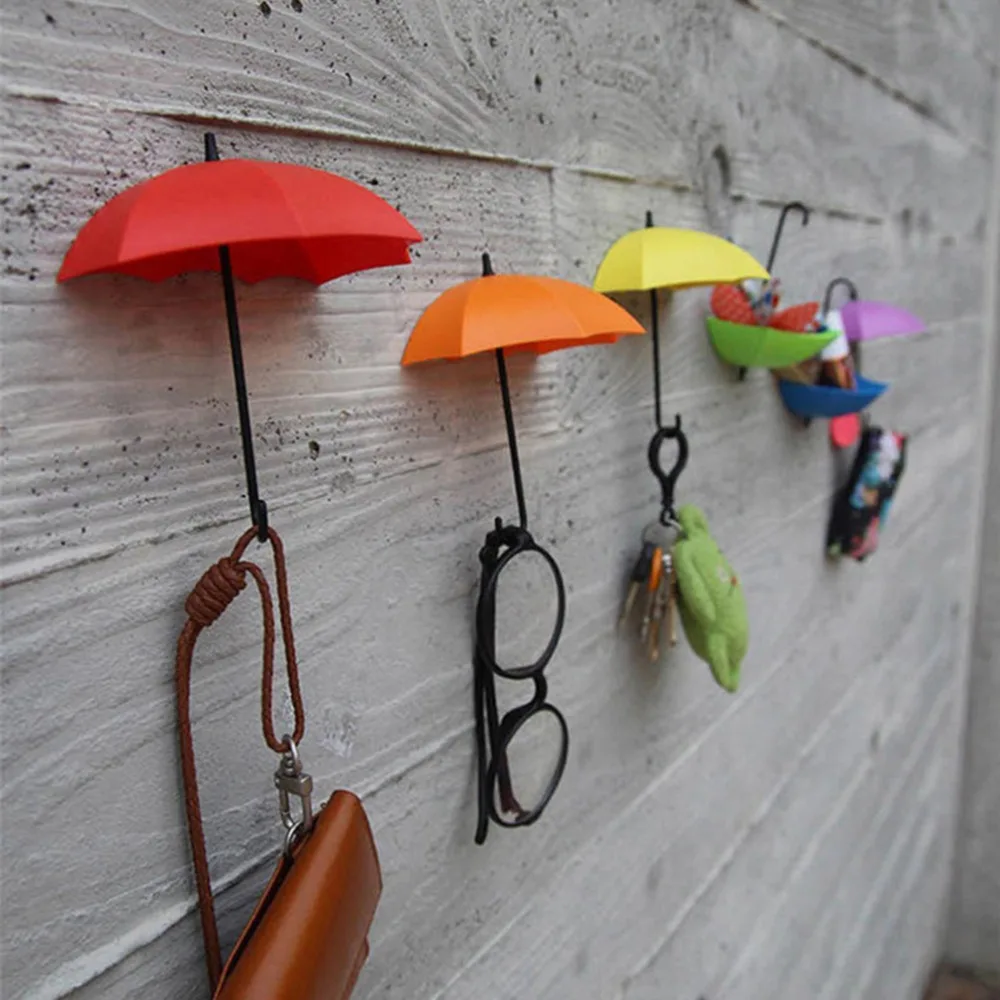 

3pcs/lot Home Supplies Umbrella Shape Clip Holders Cute Self Adhesive Wall Door Keys Clips School Office Sticky Holder