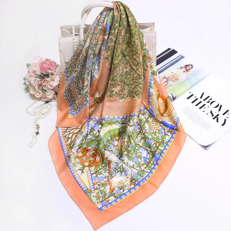 

Silk Scarf Women Print Hair Neck Square Scarves Office Ladies Shawl Bandanna 90*90cm Muslim Hijab Handkerchief Muffler Foulard