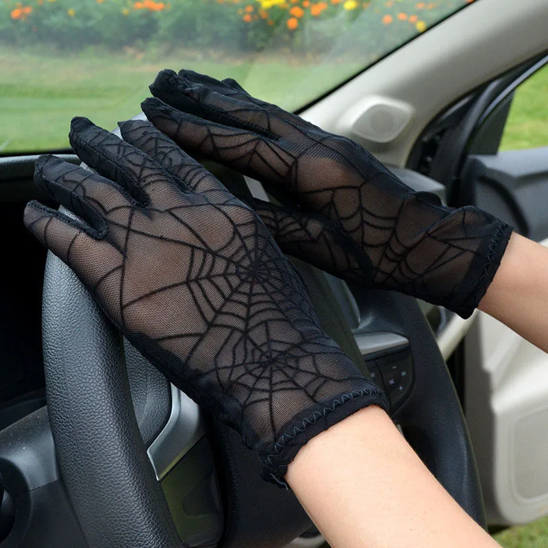 

Fashion Sexy Summer Female Full Finger Sunscreen Short Lace Gloves Women Driving Spider Web Pattern Sun Anti-UV Black Gloves
