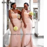 2021 peach bridesmaid dresses mermaid one shoulder floor length elastic satin african bridesmaid dress for women wedding