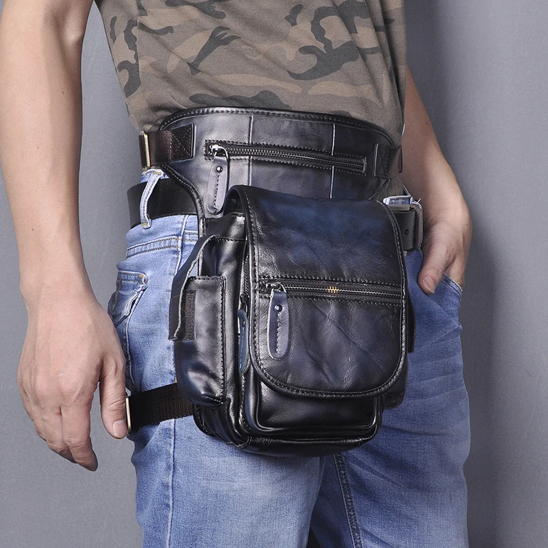 

Quality Real Leather Design Men Messenger Satchel Mochila Bag Fashion Organizer Fanny Waist Belt Pack Drop Leg Bag 3110