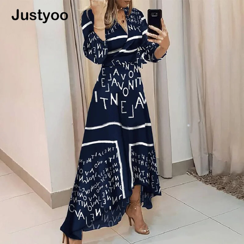 

2021 New Elegant Irregular Maxi Dress Women 2021 Spring Long Sleeve V Neck Office Lady Letters Print Tie Waist Long Dress WOMEN