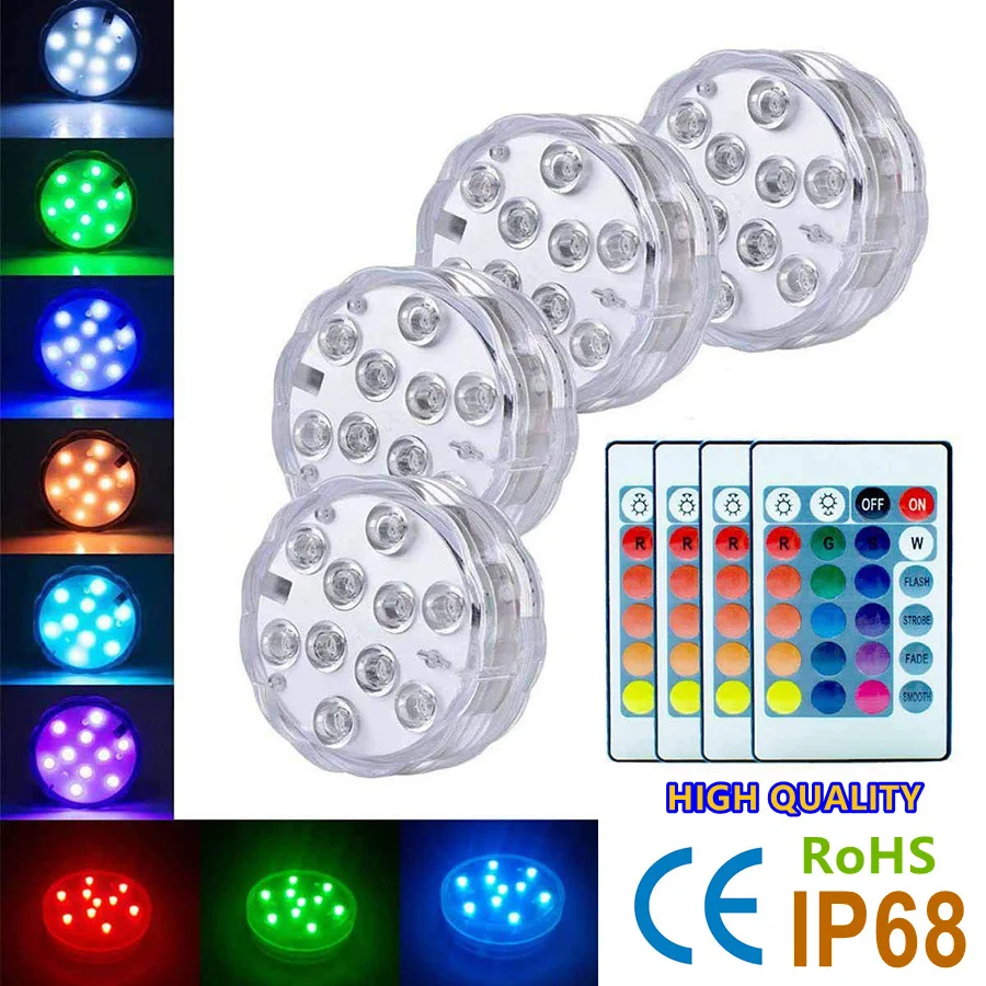 

10 Led Remote Controlled RGB Submersible Lights Upgrade Battery Operated Underwater Pool Night Lamp Vase Bowl for Party SCDC0002
