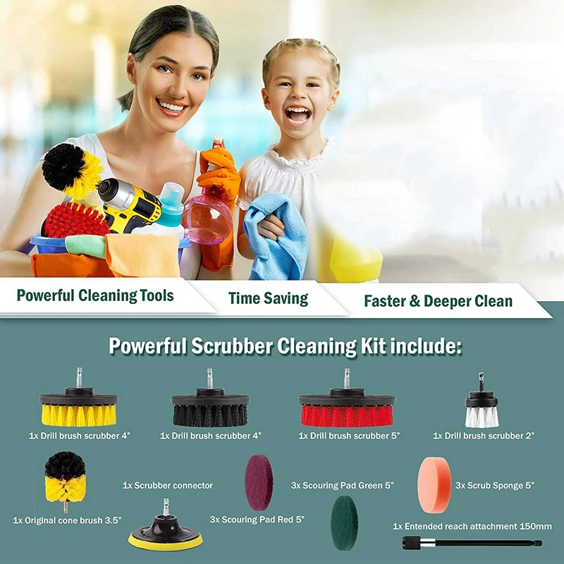 Drill Brush Set Extend Long Attachment Scrub Pads Sponge Power Scrubber Cleaning Kit for Grout Tile Carpet Sink Bathtub | Инструменты