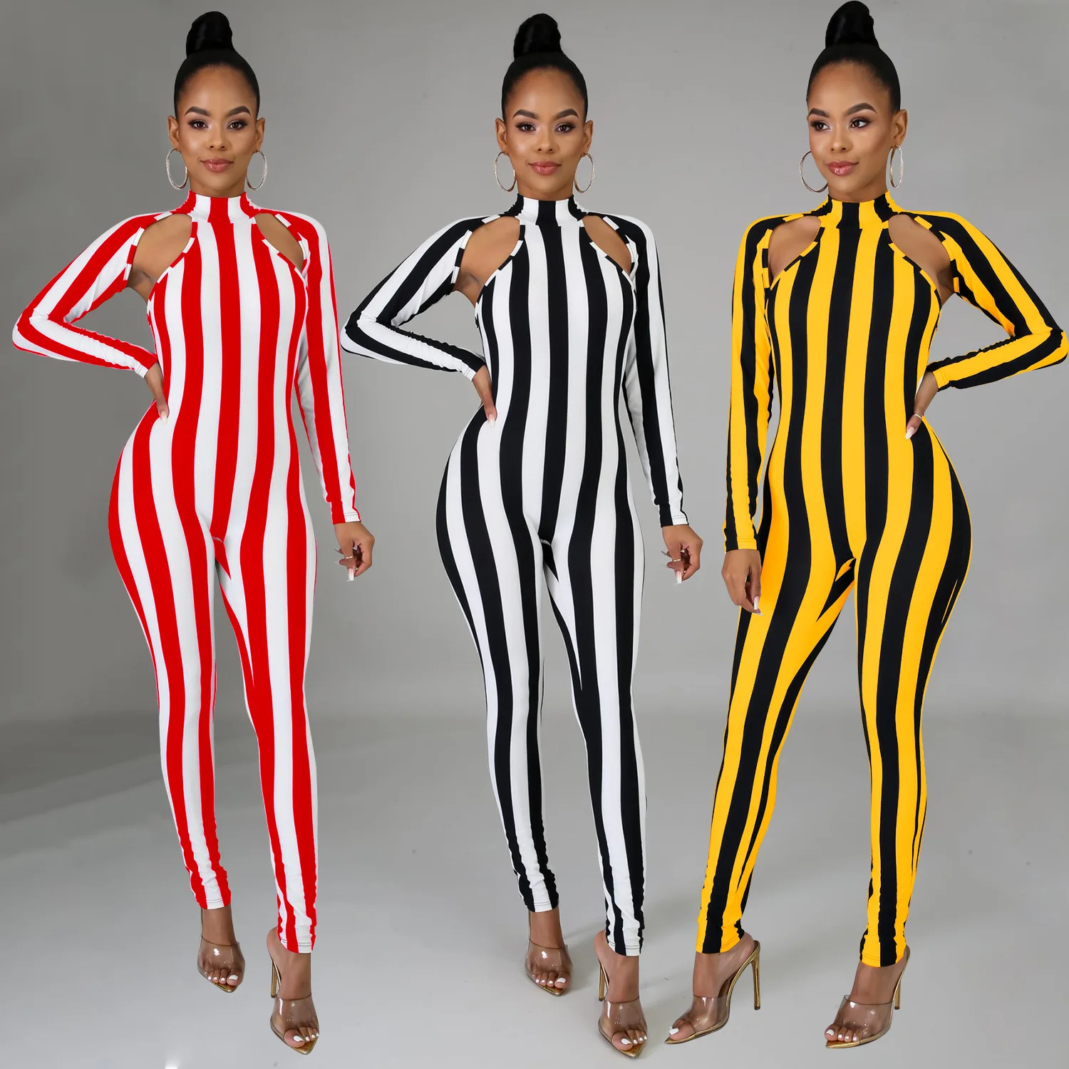 Сексуальный пуловер полосатый комбинезон для женщин круглый вырез длинный рукав