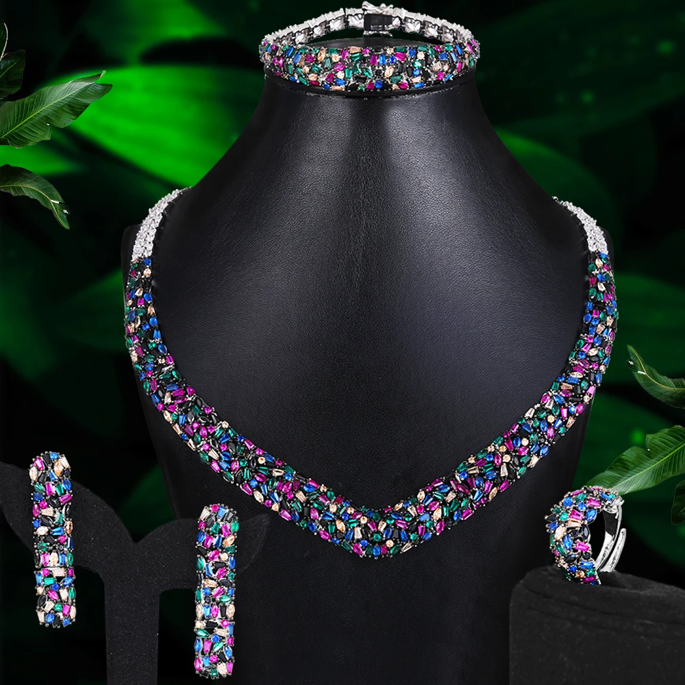 

KellyBola Shiny Multicolor Jewelry Sets For Women Earings Necklace Earrings Bangle Ring Fashion Jewelry Parure Bijoux Femme