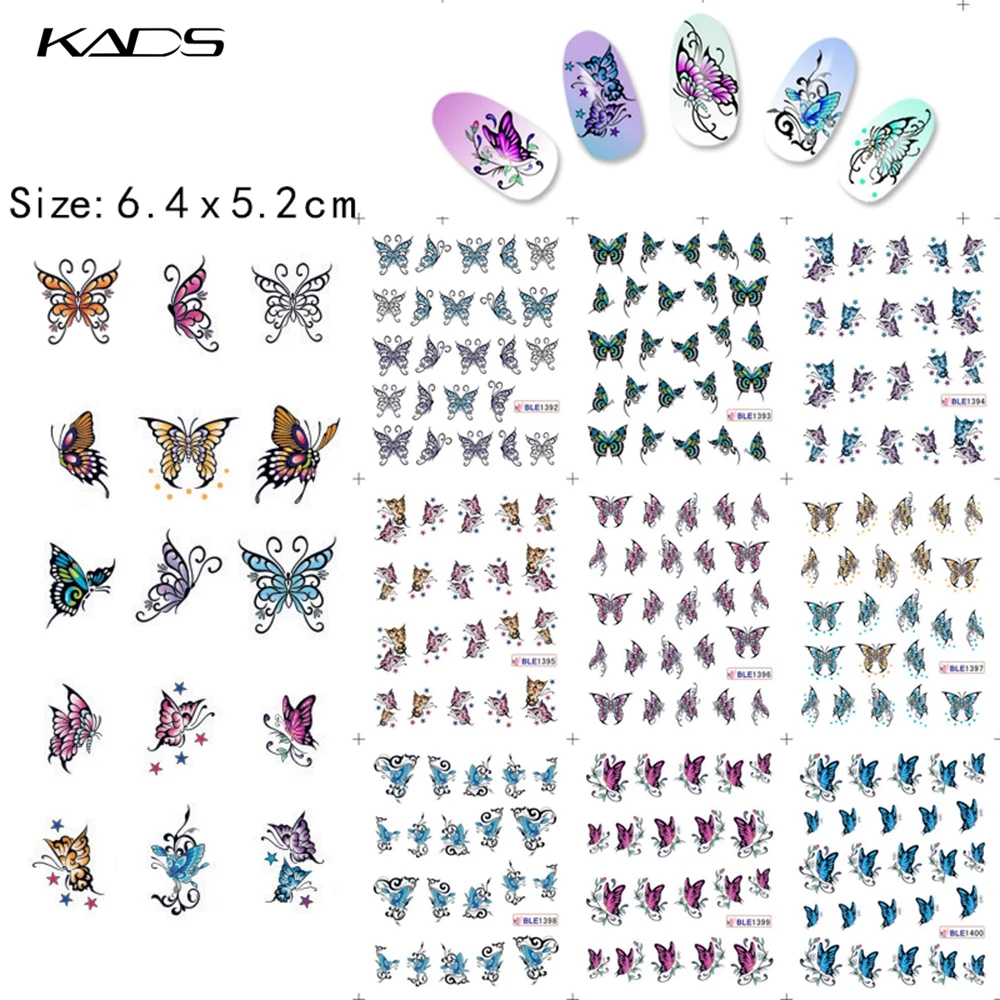 KADS 11 листов/комплект BLE1390-1400 Бабочка ногтей наклейка Серия водные наклейки nail art