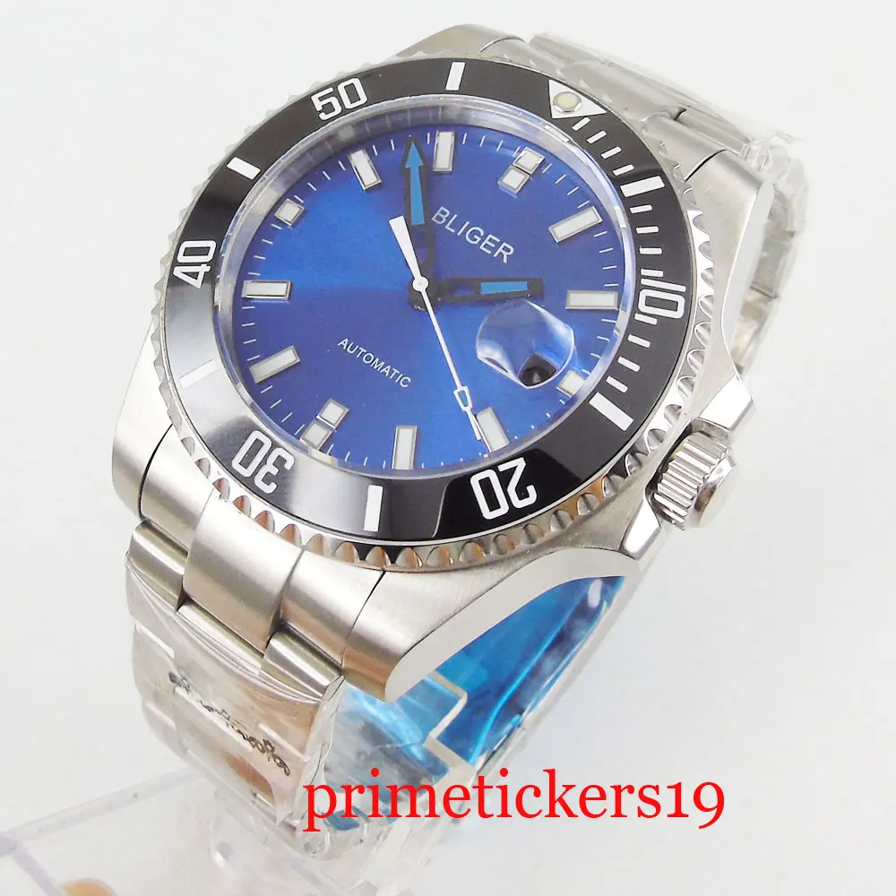 Черный керамический ободок 43 мм bliger синий циферблат Дата сапфировое стекло