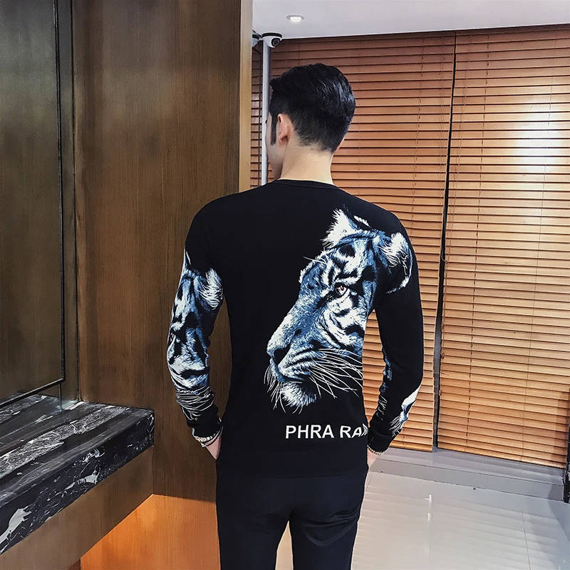 Модные тонкие свитера с принтом белого тигра мужские Клубные вечерние вязаные
