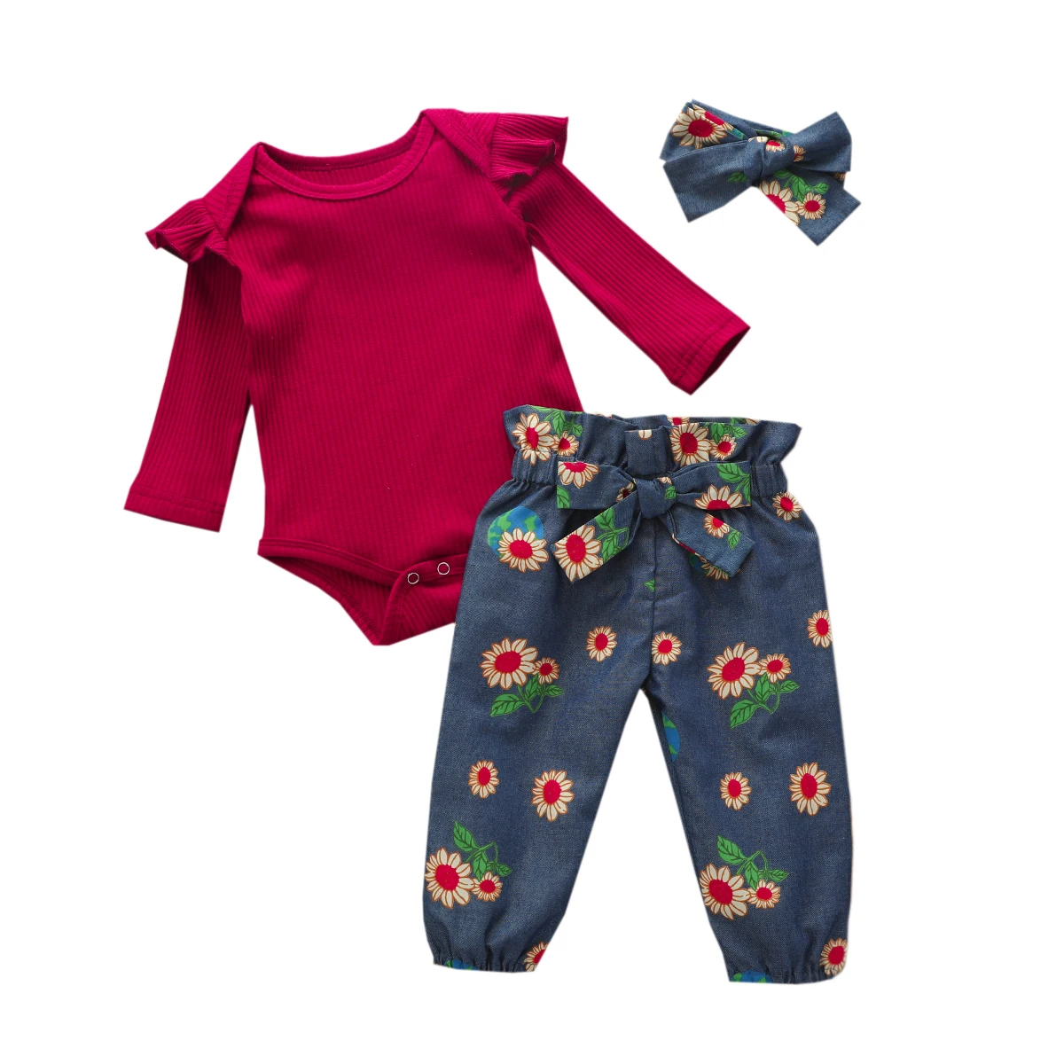 

2020 Autumn Baby Girls Outfit Round Collar Long Sleeve Knitted Top + Bowknot Sunflower Print Pants + Headband Newborn Clothing