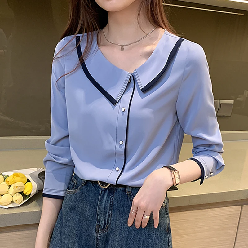 

Блузка женская однотонная шифоновая с длинным рукавом, свободного покроя