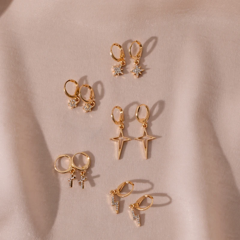 

Delicate Zinc Alloy Cross and Star Drop Earrings for Women Crystal Lightning Dangle Earrings Jewelry Party Banquet Accessories