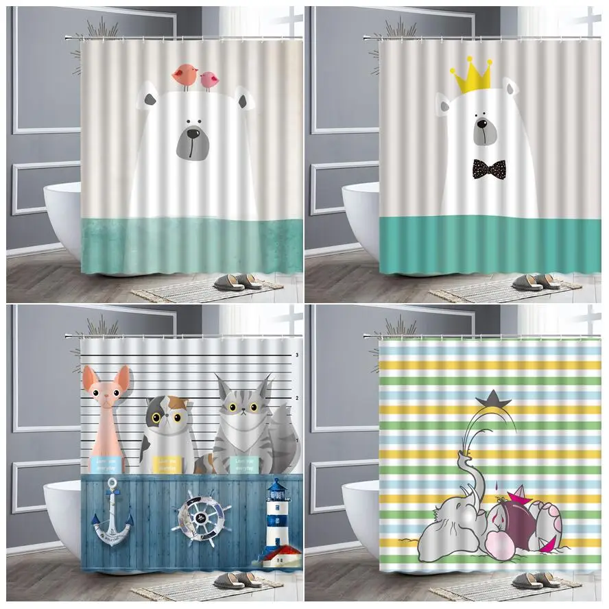 Занавеска для душа с изображением животных из мультфильмов белый медведь кот