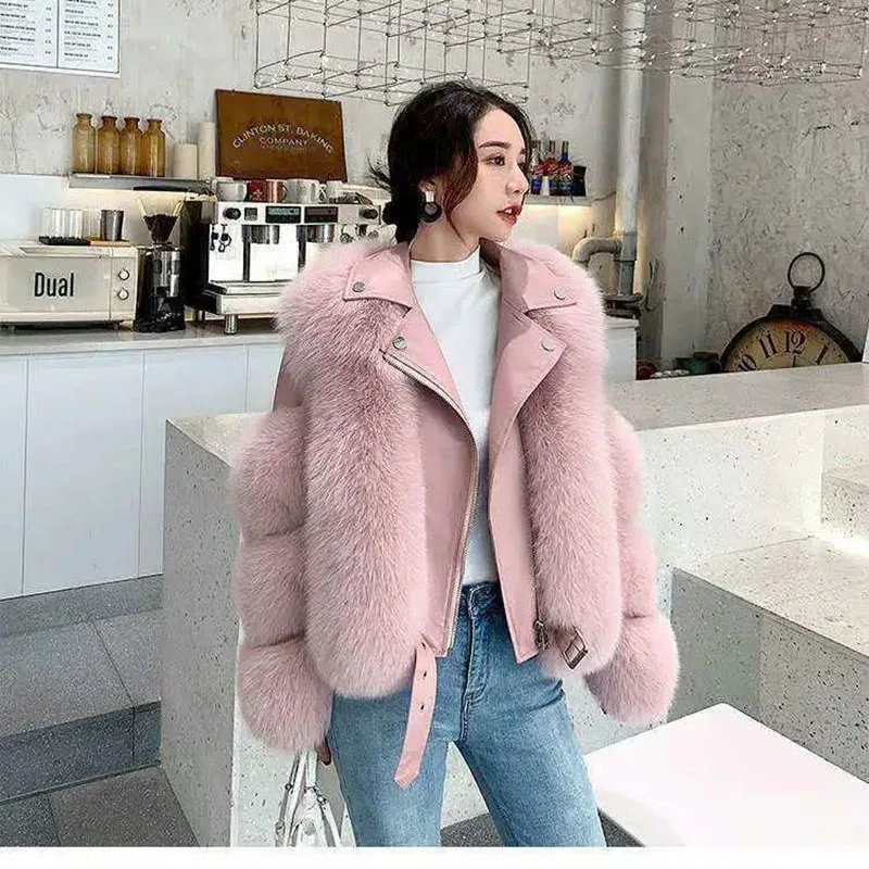 Faux fox furr Coats With Genuine Sheepskin Leather Wholeskin Natural Fox Fur Jacket Outwear Luxury Women 2021 Winter images - 6