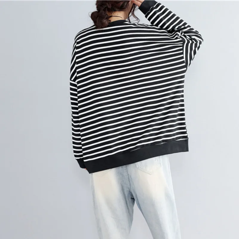 Осенний Полосатый пуловер #1835 свитшот Женская длинная хлопковая свободная