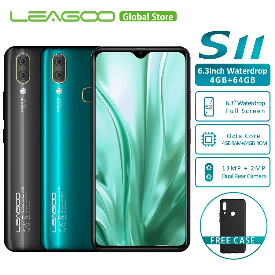 LEAGOO S11, 4 ГБ, 64 ГБ, Android 9,0, 6,3 дюйма, дисплей в виде капли воды, смартфон Helio P22, четыре ядра, 13 МП, двойная камера, отпечаток пальца, мобильный телефон